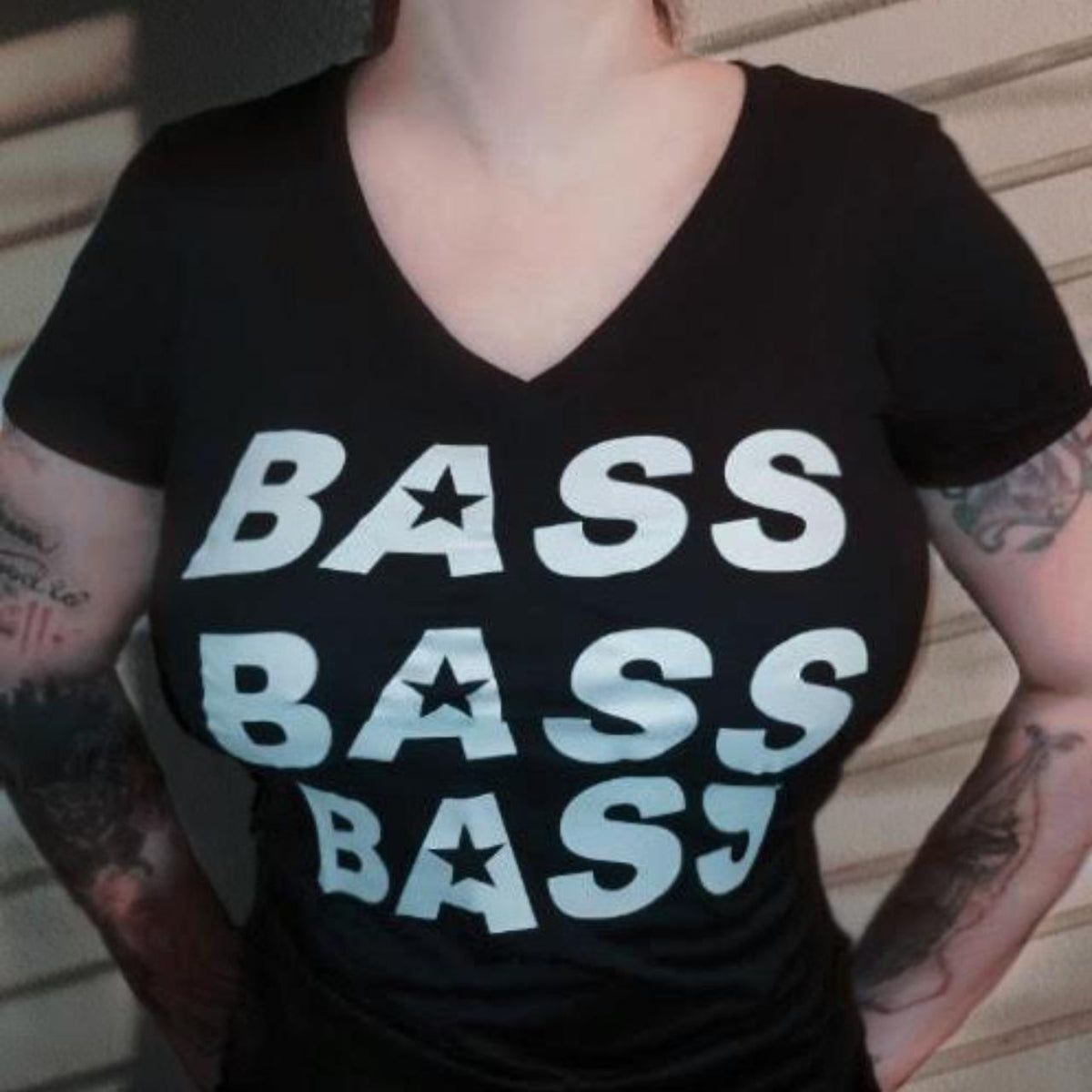Women's v-neck t-shirt Bass Bass Bass black(Johnny Martin of LA GUNS)