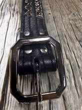 Load image into Gallery viewer, Two Row Pyramid Belt. Shiny nickel on black leather.