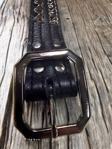 Two Row Pyramid Belt. Shiny nickel on black leather.