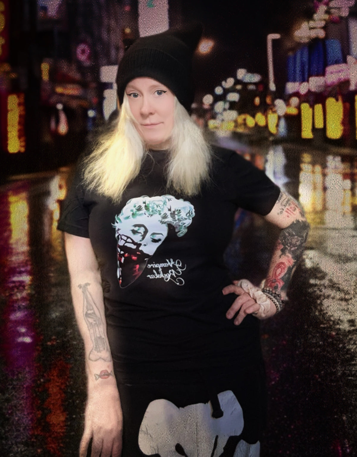Vampire Rockstar "Bloody Love" Short Sleeve Women's T Shirt by Al Bane for Leather - front stage view