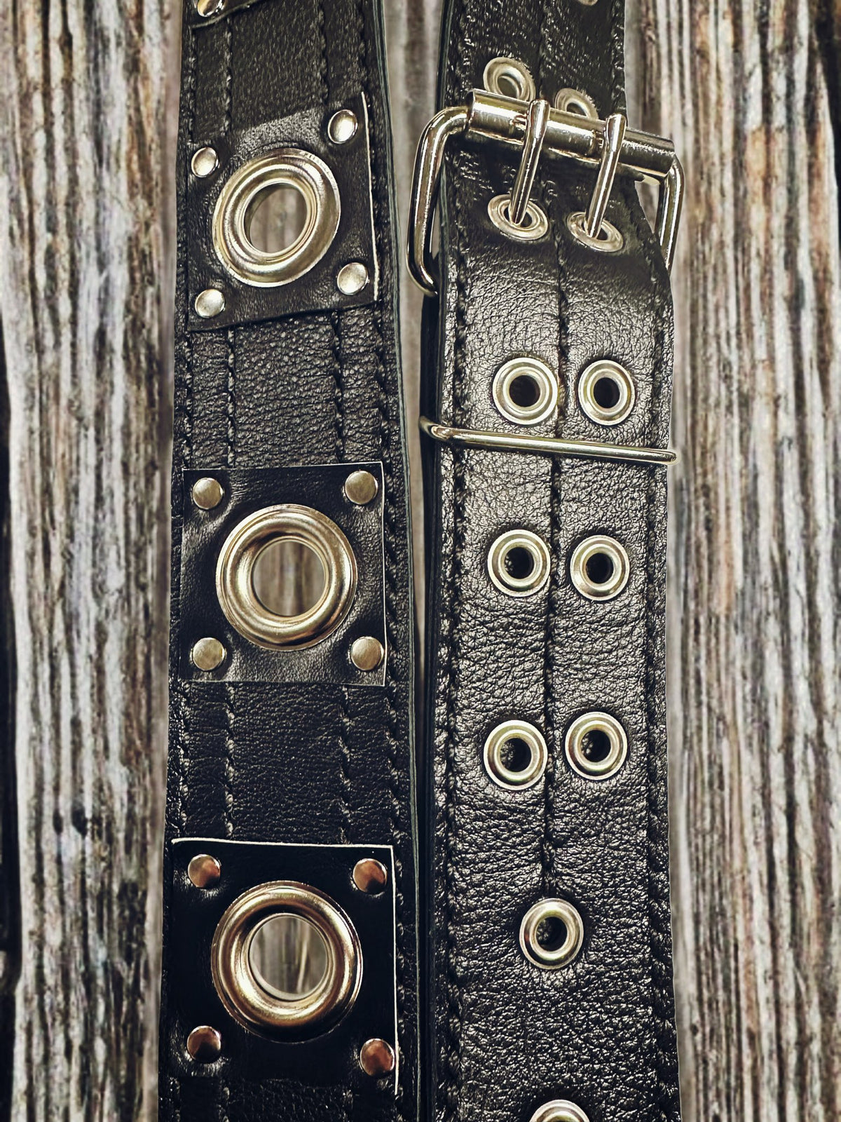 Silver Hardware on Black Leather Doug Aldrich 2 Inch Guitar Strap by Al Bane for Leather - front stage view
