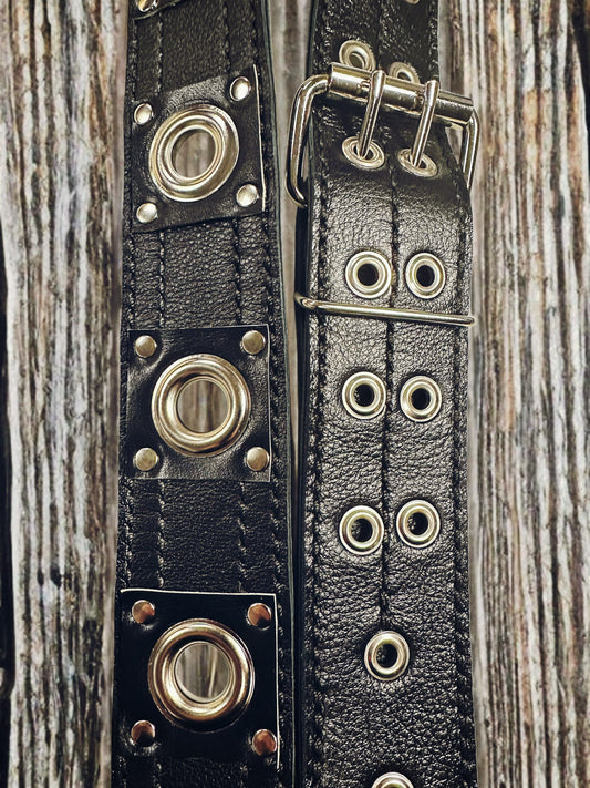 Silver Hardware on Black Leather Doug Aldrich 2 Inch Guitar Strap by Al Bane for Leather - front stage view
