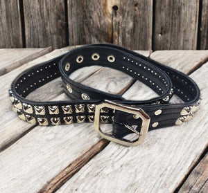 Two Row Pyramid Belt. Shiny nickel on black leather.