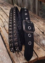 Load image into Gallery viewer, Two Row Pyramid Belt. Shiny nickel on black leather.