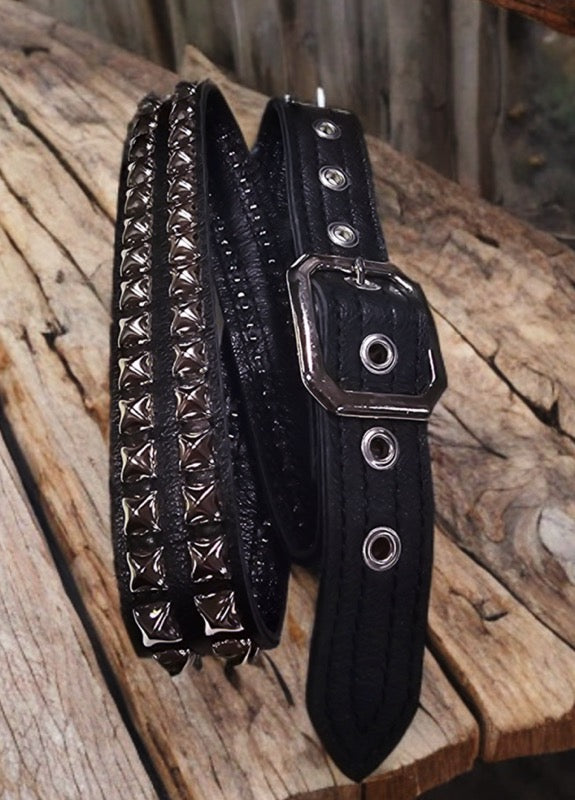 Two Row Pyramid Belt. Shiny nickel on black leather.