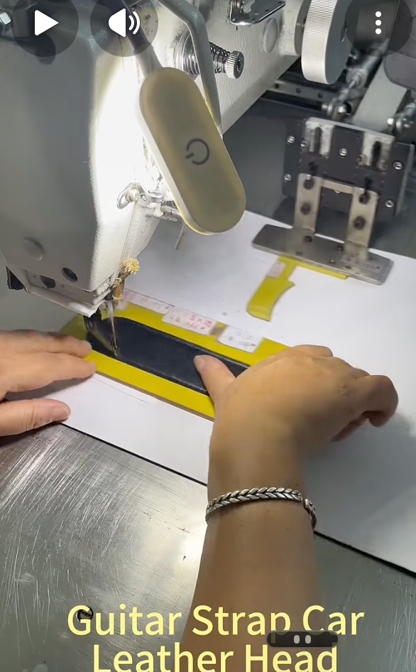 Load video: Al Bane machine-stitching a custom leather guitar strap head in his Hollywood shop