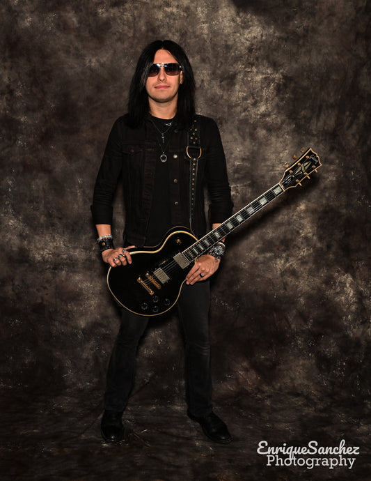 The Swashbuckler Original antique brass on black Guitar Strap by Al Bane for Leather - front stage view