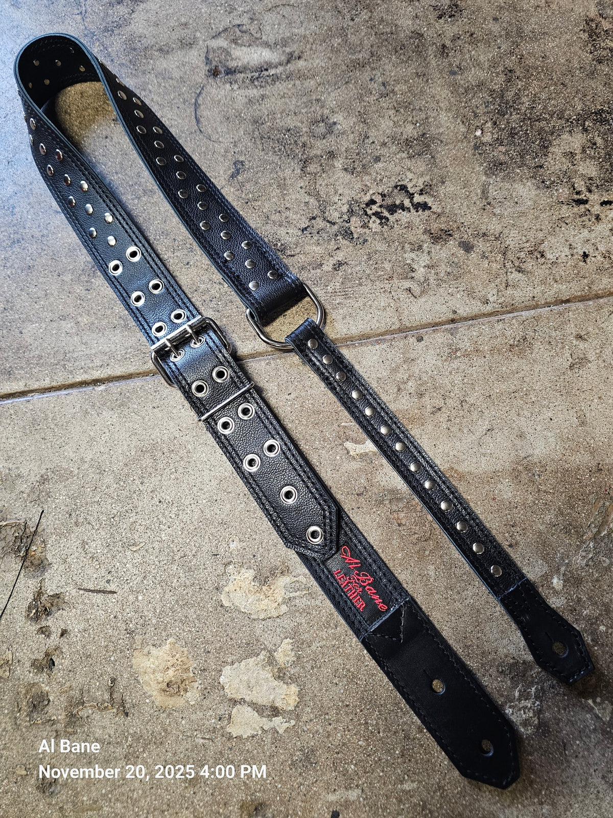 The Swashbuckler original silver on black Guitar Strap by Al Bane for Leather - front stage view