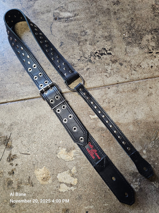 The Swashbuckler original silver on black Guitar Strap by Al Bane for Leather - front stage view