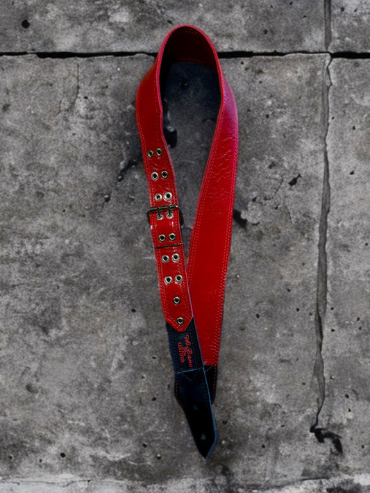 Straight Shooter Red on Red Guitar Strap - 3" Black by Al Bane for Leather - front stage view