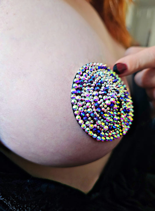 Crystal Pasties Aurora Borealis / Champagne with purple (1 pair 2"diameter) by Al Bane for Leather - front stage view
