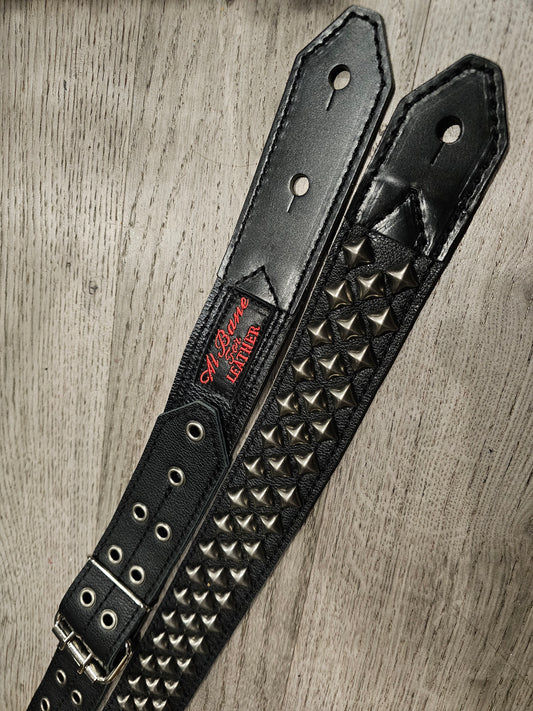 Diagonal Pyramid 2" 1/2" guitar strap Stud Antique Nickel on Black by Al Bane for Leather - front stage view