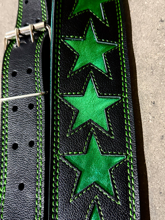 Green Star 3" Guitar Strap by Al Bane for Leather - front stage view