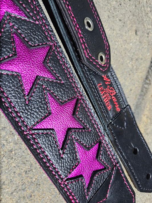 Fuchsia Star 3" Guitar Strap by Al Bane for Leather - front stage view