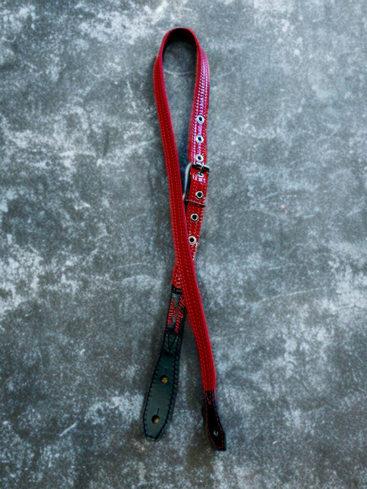 Straight Shooter Red on Red Guitar Strap - 1 & 1/8th" Black by Al Bane for Leather - front stage view