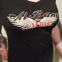 Load image into Gallery viewer, Ladies v-neck t-shirt with color Al Bane for Leather logo