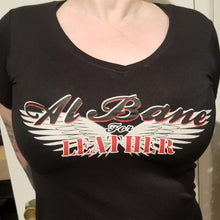 Load image into Gallery viewer, Ladies v-neck t-shirt with color Al Bane for Leather logo