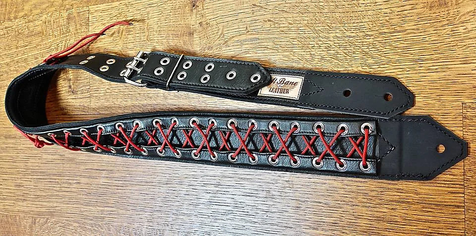 Lace Up 3" Black Leather/Red Laces Guitar Strap