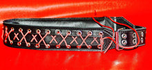 Load image into Gallery viewer, Lace Up 3&quot; Black Leather/Red Laces Guitar Strap